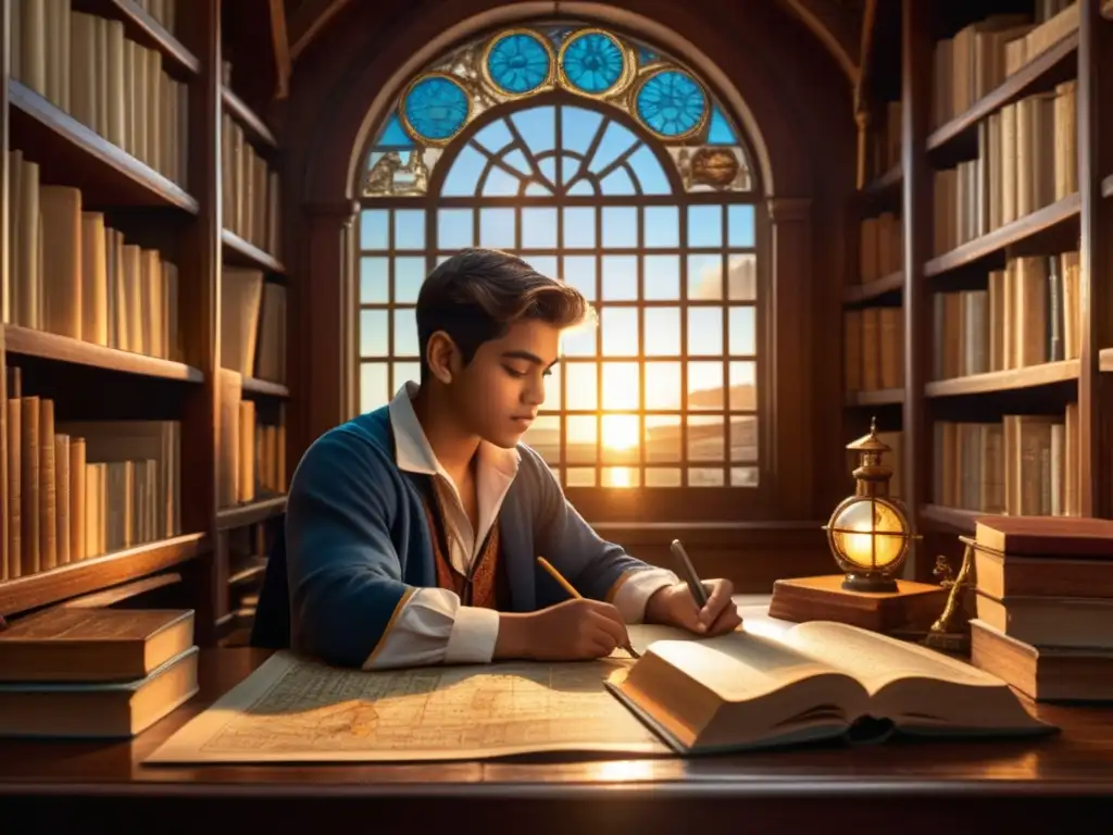 Ilustración vintage de Cristóbal Colón estudiando mapas en una biblioteca, reflejando su pasión por descubrir rutas náuticas