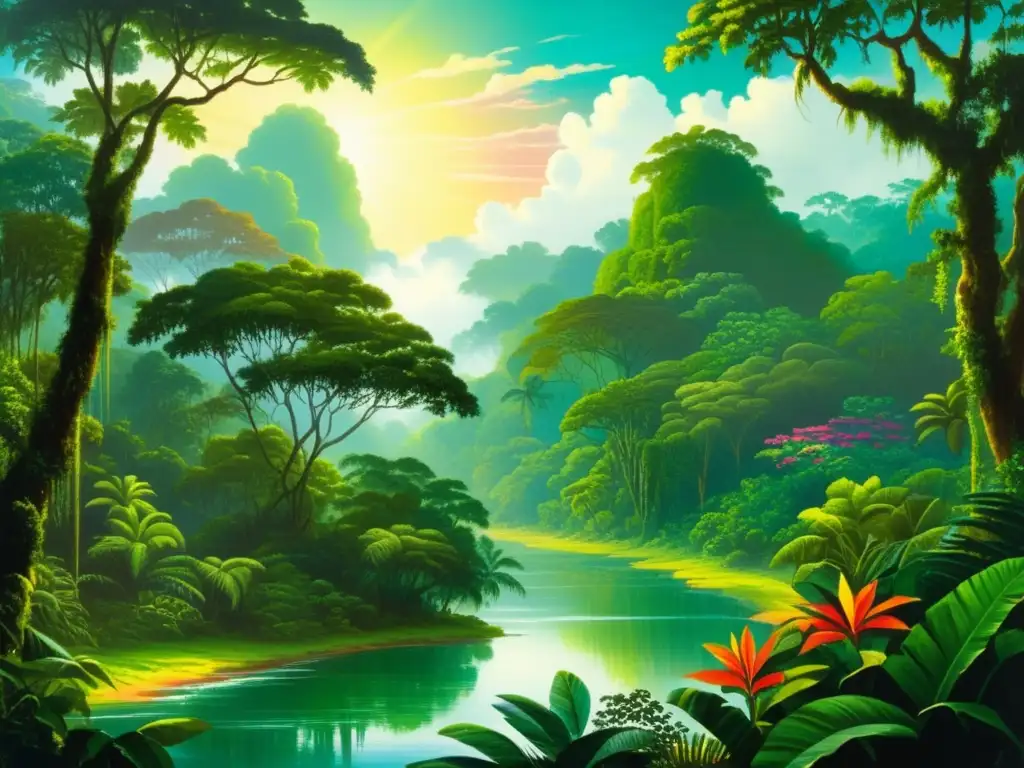 El Amazonas según Francisco de Orellana: Una perspectiva única - Pintura de la exuberante y salvaje selva amazónica durante la expedición de Orellana