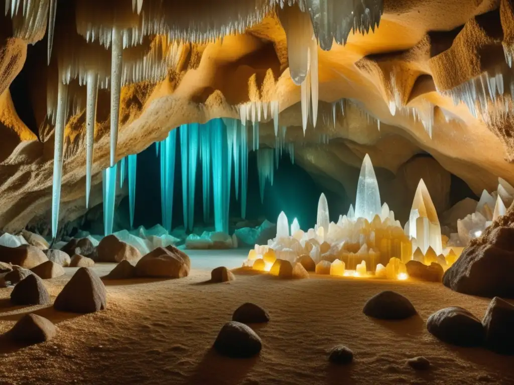 Descubrimiento en la oscuridad: cueva de cristal con luz cálida, formas brillantes y belleza misteriosa