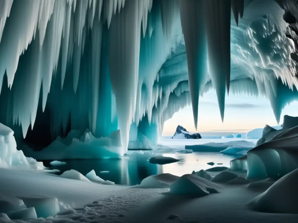 Cuevas de hielo en la Antártida: vista impresionante de una cueva helada con formaciones de hielo y un explorador maravillado