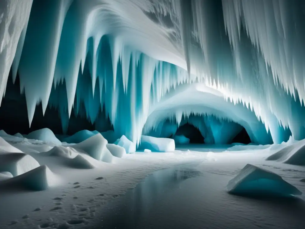 Cueva de hielo en la Antártida con luz etérea, formaciones de hielo y exploradores-