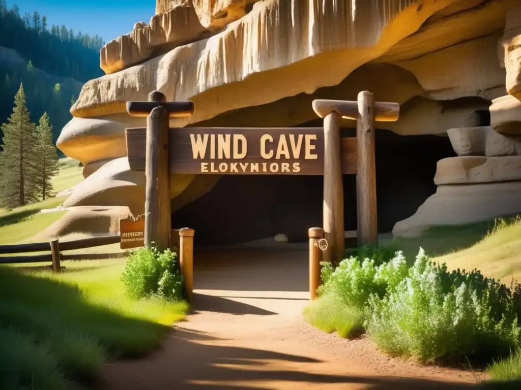 Cueva de Wind Cave en las majestuosas Montañas Rocosas, historia y belleza en un paisaje vintage