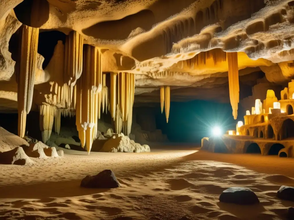 La belleza escondida: cueva subterránea con estalactitas y maravillosa iluminación dorada