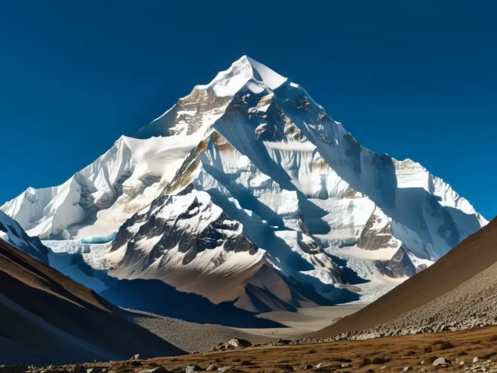 Majestuoso pico de Cho Oyu, con su forma piramidal y cubierto de nieve, sobre un cielo azul