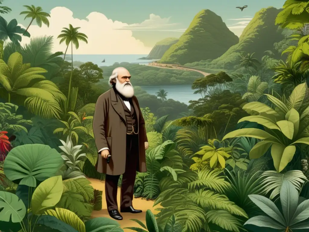 Ilustración vintage de Charles Darwin en su famoso viaje a bordo del HMS Beagle, rodeado de vegetación exuberante y especímenes botánicos