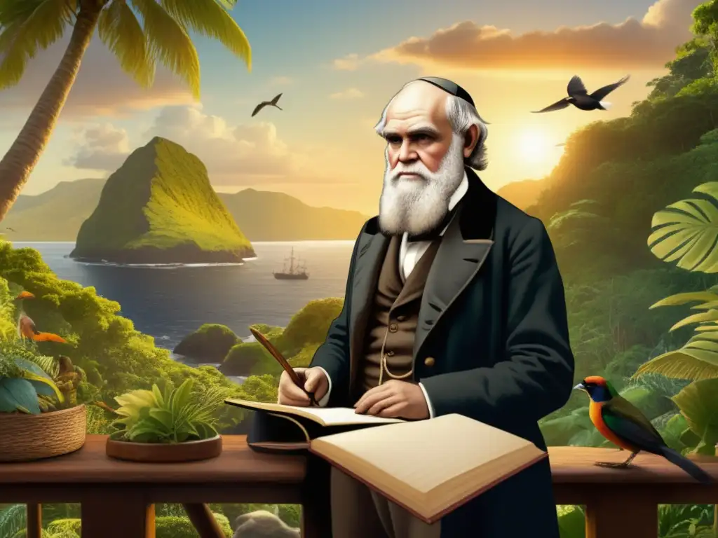 Charles Darwin en su expedición a bordo del HMS Beagle, rodeado de la belleza de la naturaleza