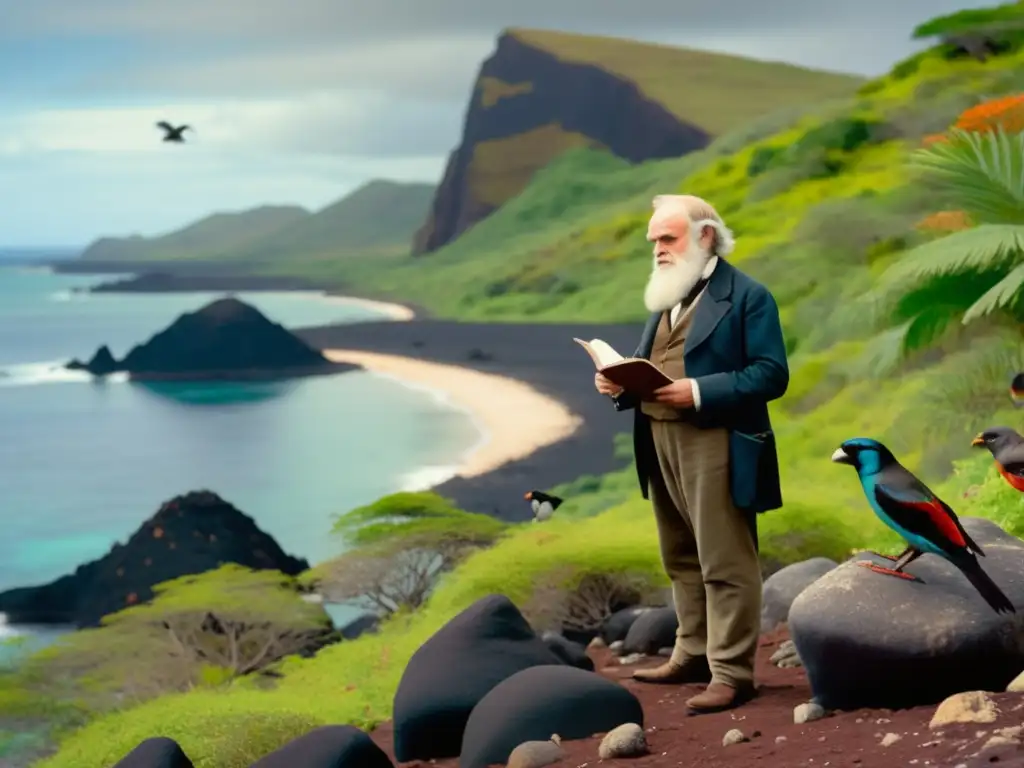 Charles Darwin en Islas Galápagos, observando fauna única y diversa en entorno volcánico y cristalinas aguas del Pacífico