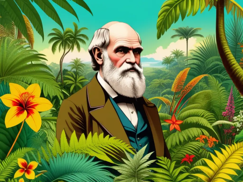 Ilustración detallada de Charles Darwin rodeado de exuberante paisaje botánico