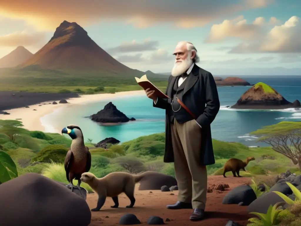 Descubrimiento de las Islas Galápagos por Charles Darwin, rodeado de vida silvestre diversa y única en un paisaje exuberante y volcánico