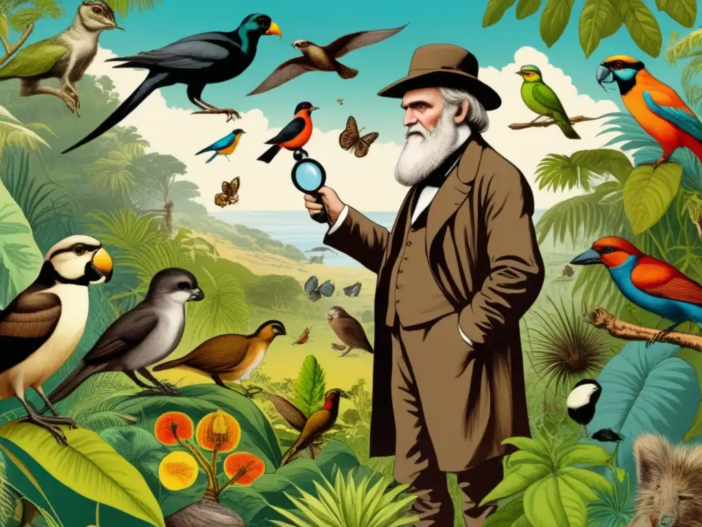 Ilustración detallada de la expedición de Darwin, con diversidad de especies y paisajes, evocando aventura y descubrimiento