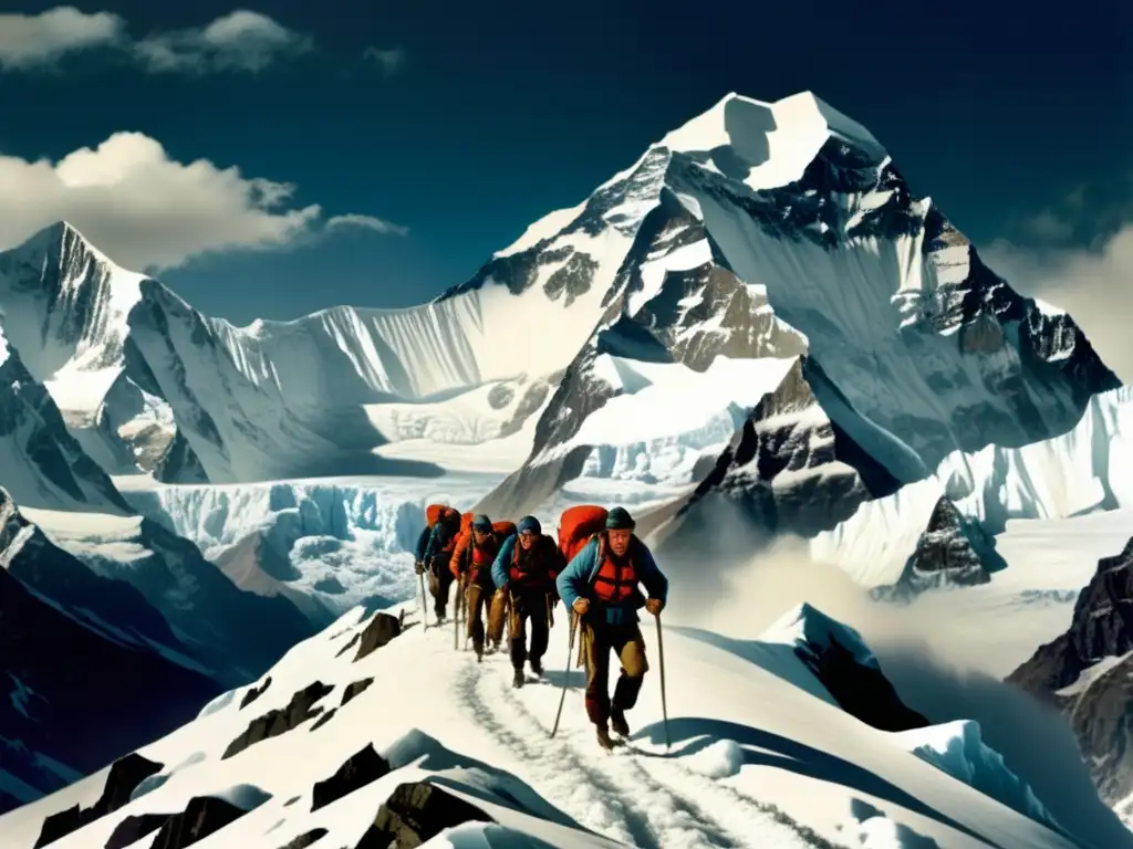 Expedición de Hillary al Everest: Descenso treacherous desde la cumbre con paisaje nevado y cielo dramático