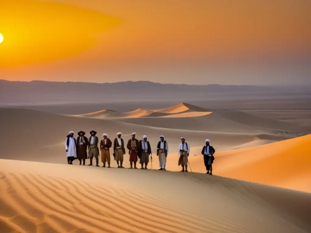 Exploradores en el Desierto de Negev, con trajes tradicionales, en la cima de una duna de arena