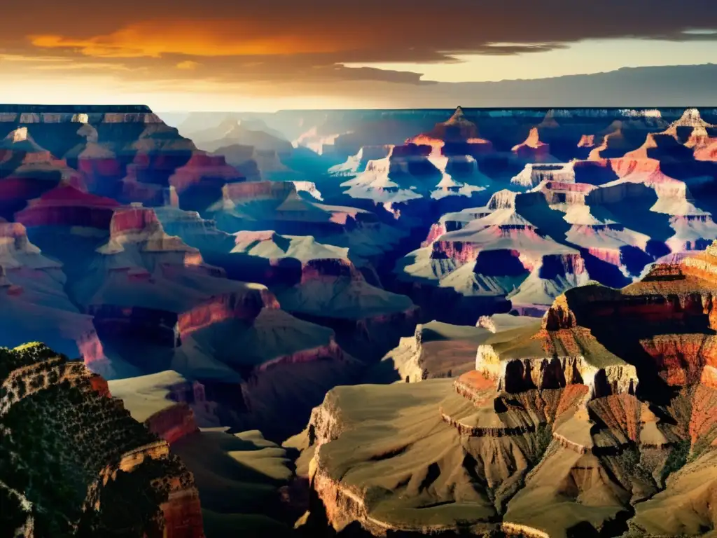 El Gran Cañón: Un prodigio natural descubierto por accidente - Vista vintage del atardecer sobre el cañón, exploradores maravillados