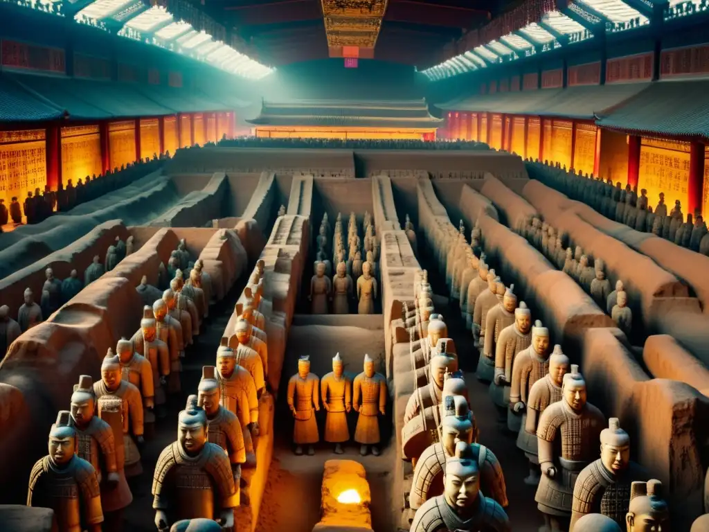 Descubrimiento de los Guerreros de Terracota en Xi'an, China: cámara subterránea iluminada, guerreros de terracota en formación y murales antiguos