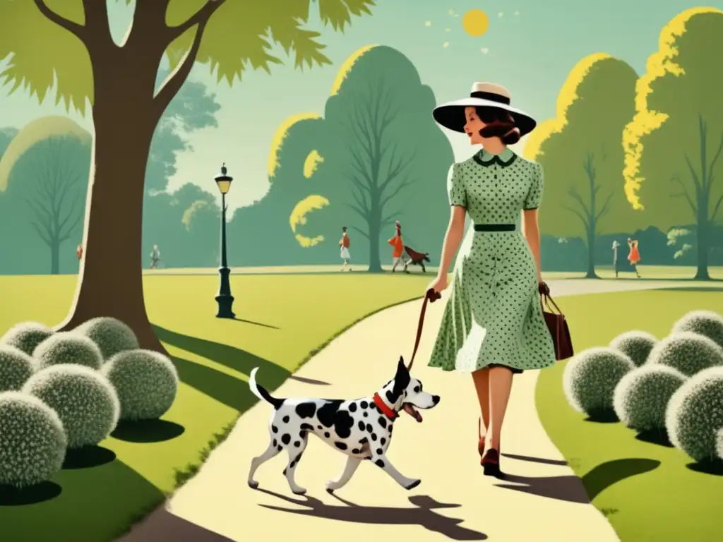 Persona paseando perro en parque soleado, vestida estilo vintage, descubre burrera - invento del Velcro