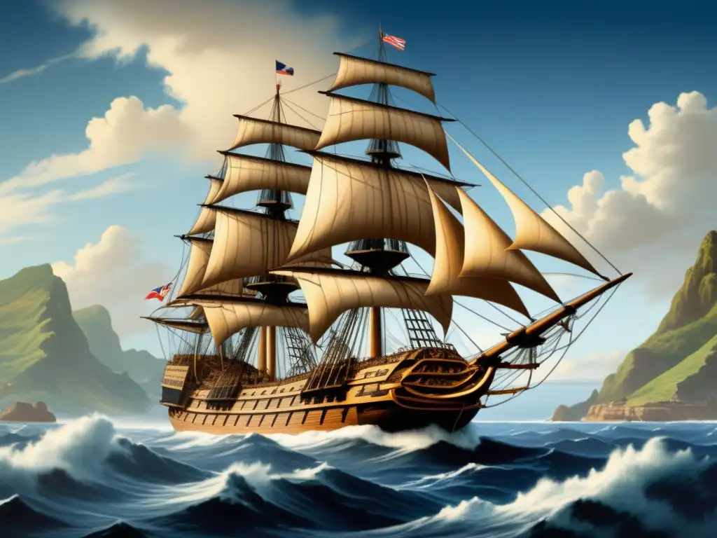 Descubrimiento del Pacífico: la expedición de la HMS Endeavour de James Cook, navegando hacia islas tropicales con mares azules y cielos despejados