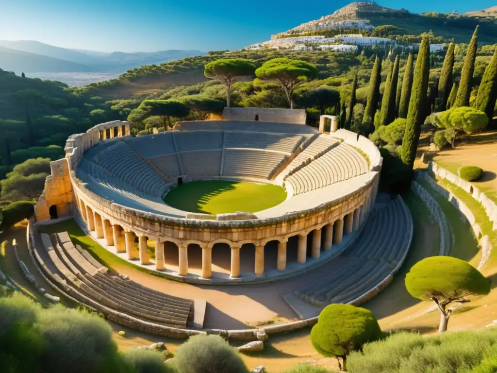 Anfiteatro griego antiguo bien preservado, rodeado de naturaleza exuberante y con una vibrante representación teatral