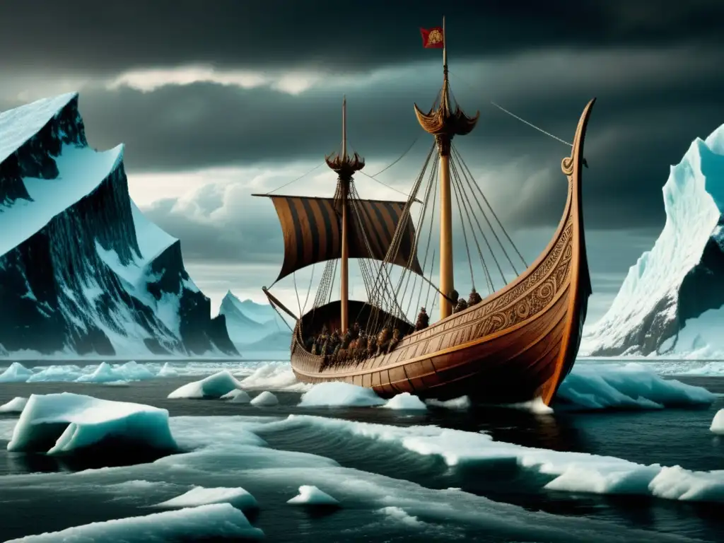 Imagen de una expedición vikinga en un paisaje helado, con un barco decorado y montañas nevadas