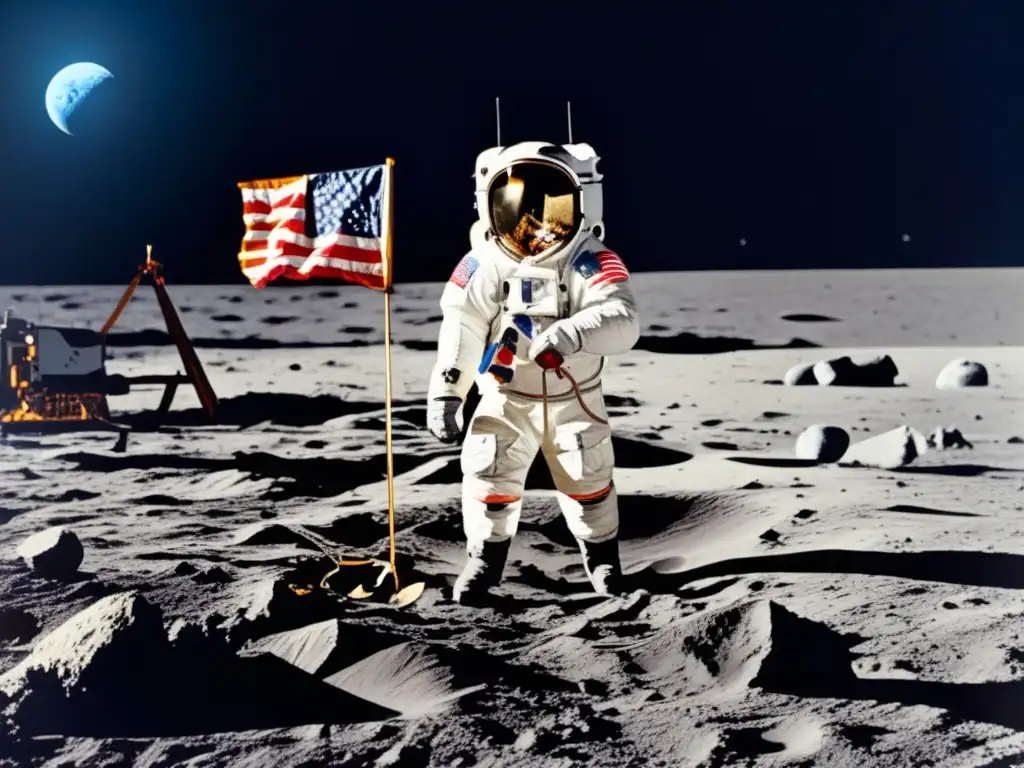 Apollo 11: Carrera espacial, Neil Armstrong en la luna, paisaje lunar, traje espacial, bandera americana, módulo lunar