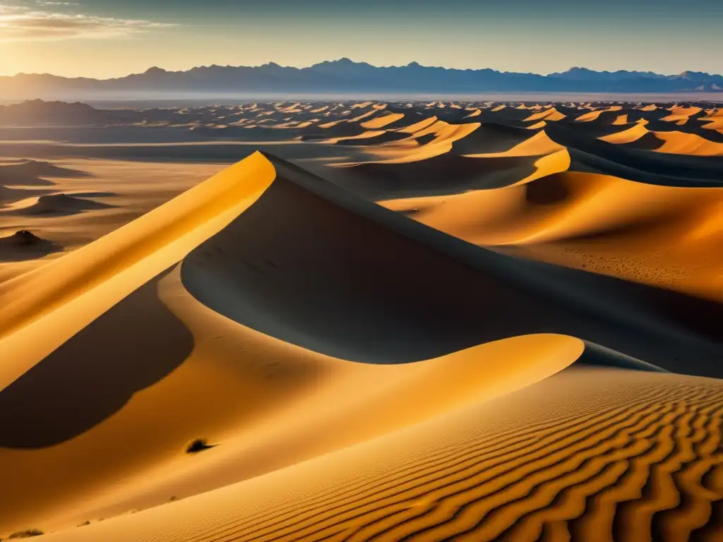 Imagen detallada en 8k del Desierto de Kyzylkum, con dunas doradas, luz intensa y una caravana de camellos