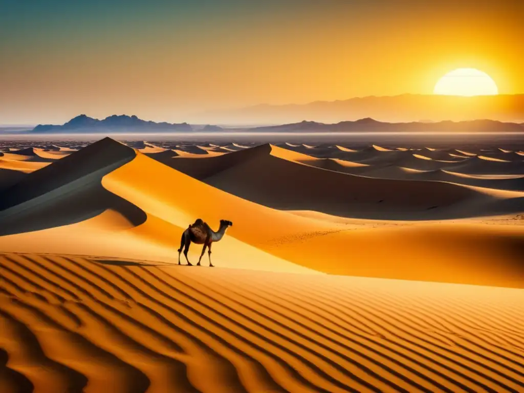 Desierto de Kyzylkum: extenso paisaje dorado con camellos y contrastes de luz y sombra