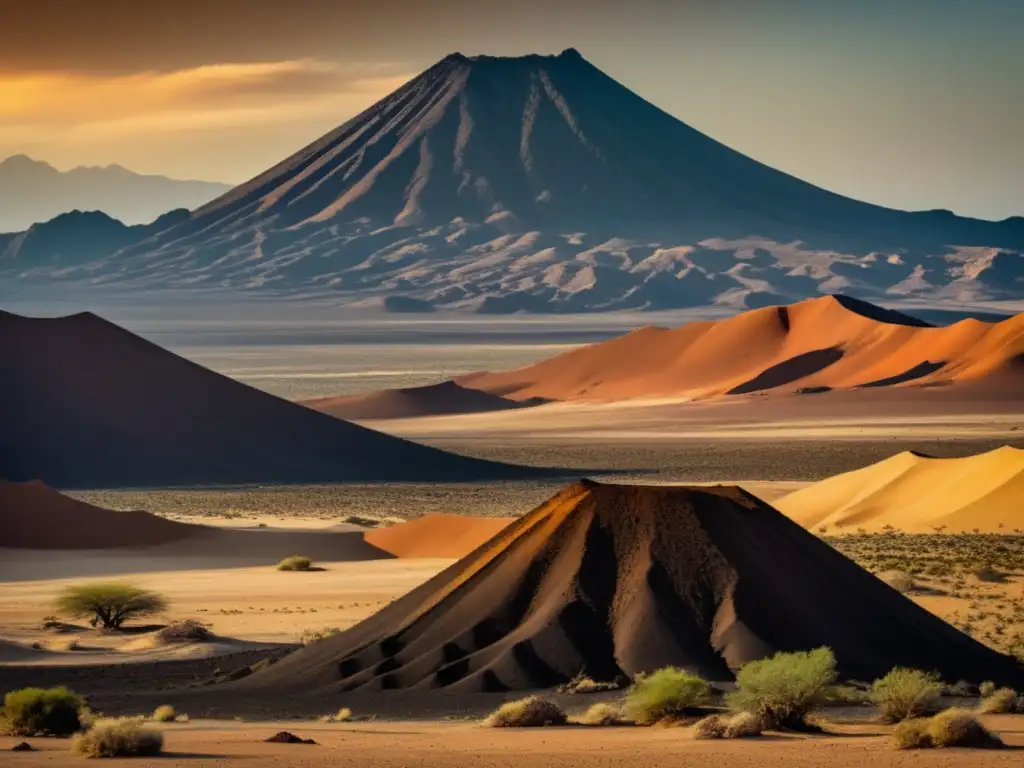 Paisaje vintage del Desierto de los Pinacates: montañas volcánicas, desierto arenoso, cielo azul