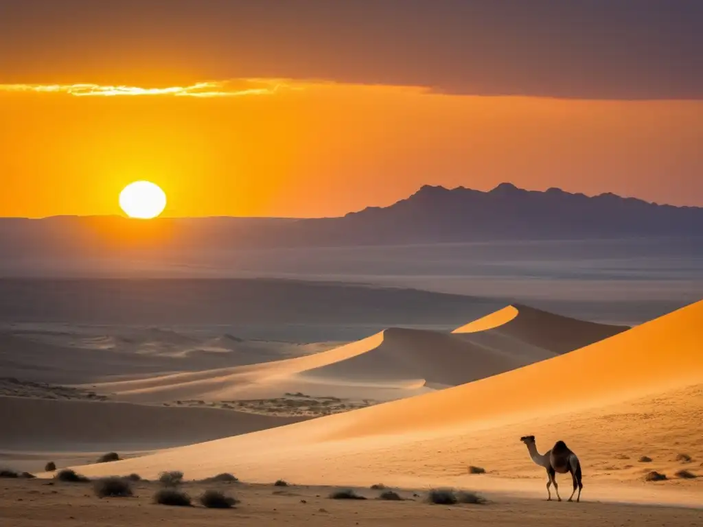 Paisaje del Desierto de Negev al atardecer, con una solitaria caravana de camellos