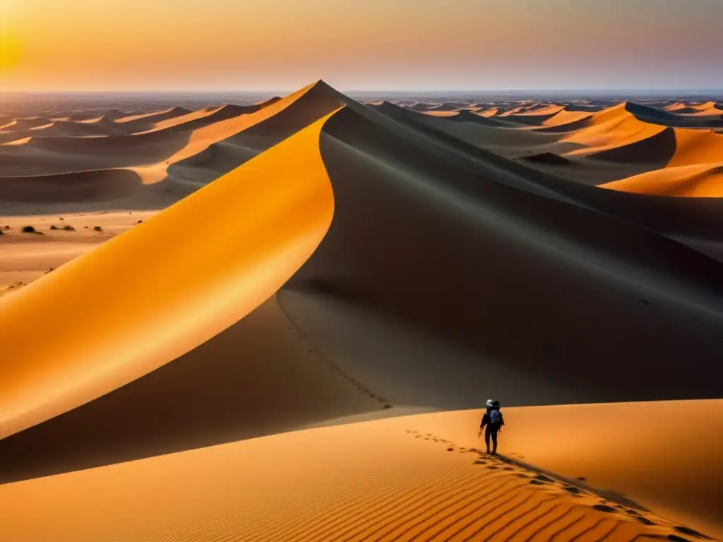 Desierto dorado con dunas infinitas, explorador busca agua