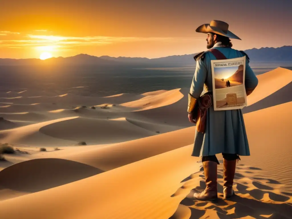 Siete Ciudades de Oro: Explorador en un desierto dorado con un mapa y el sol creando sombras en la arena