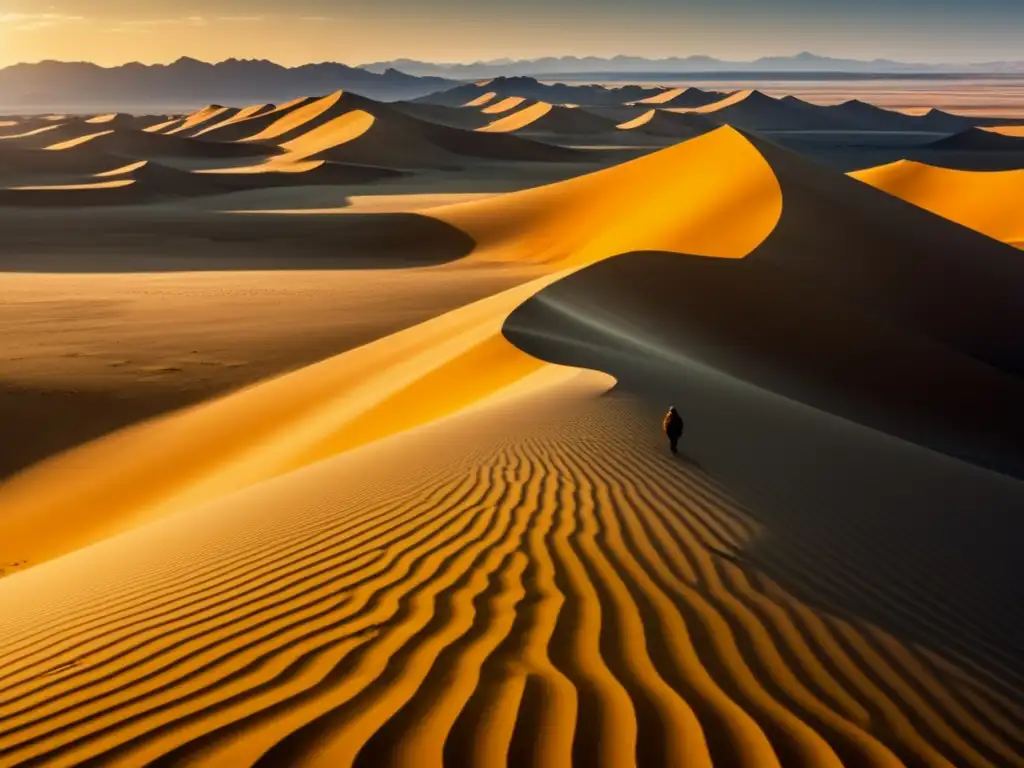 Desierto de Kyzylkum: paisaje dorado, sol intenso, figura solitaria y huellas en la arena