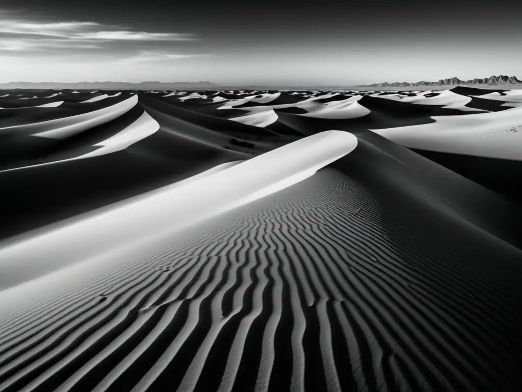 Fotografía en blanco y negro del Desierto de Lut, con dunas de arena y caravana de camellos