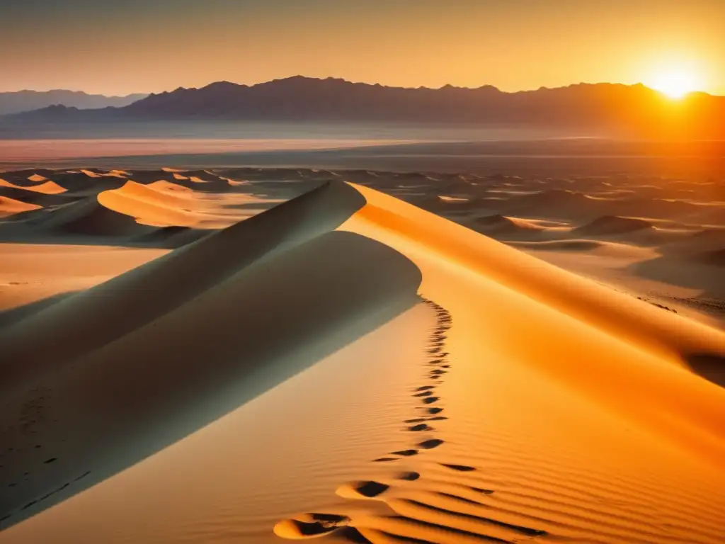 Desierto de Kyzylkum al atardecer, con ruinas antiguas emergiendo de la arena