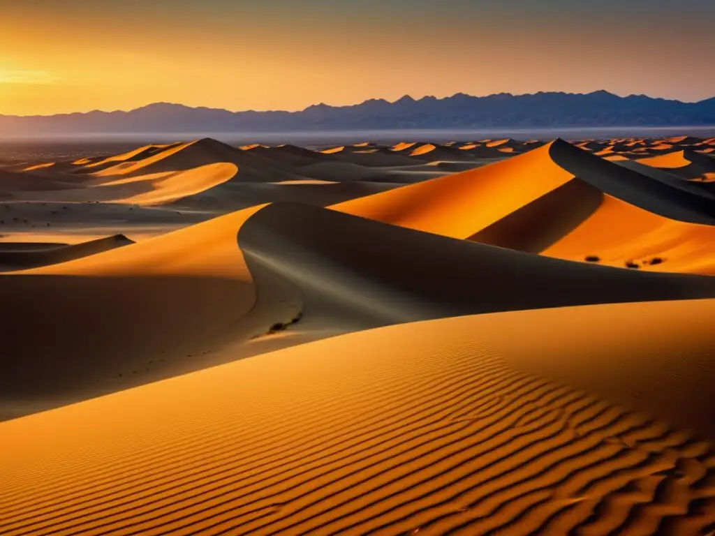 Desierto de Lut: Puesta de sol sobre dunas doradas, con caravana de camellos y encanto vintage