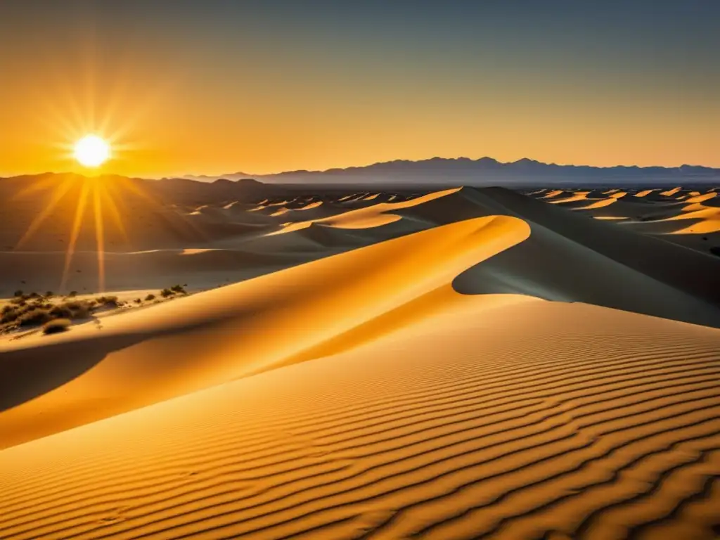 Desierto de Mojave: Imagen vintage de dunas doradas, sol bajo, árbol Joshua y atardecer vibrante