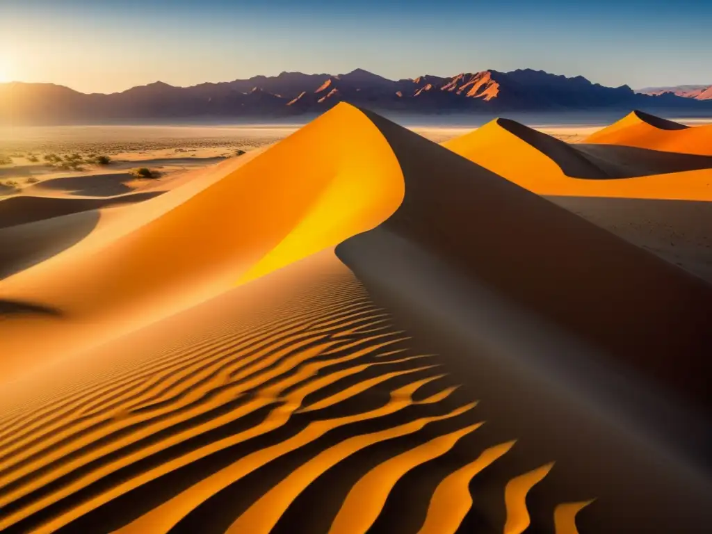 Desierto de Namibia al amanecer, con dunas doradas y una atmósfera mágica