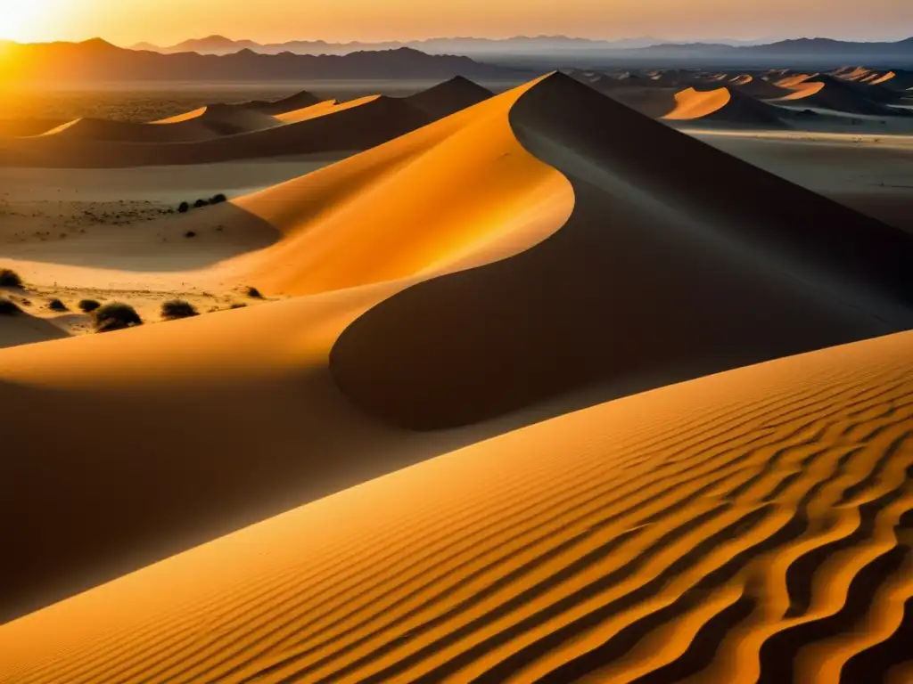 Maravilloso atardecer en el desierto de Namibia, con majestuosas dunas doradas y un sol cálido que crea una atmósfera nostálgica