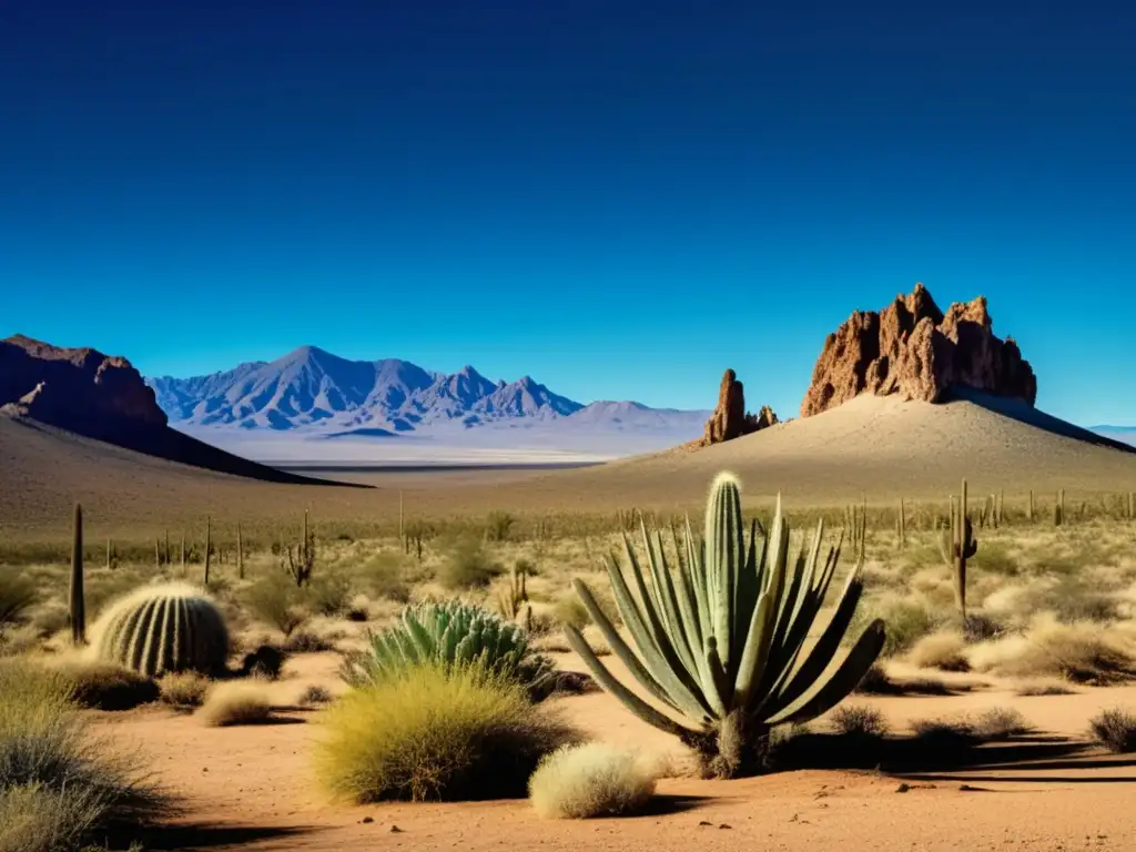 Paisaje vintage del Desierto de los Pinacates con picos volcánicos, formaciones rocosas y cactus solitario