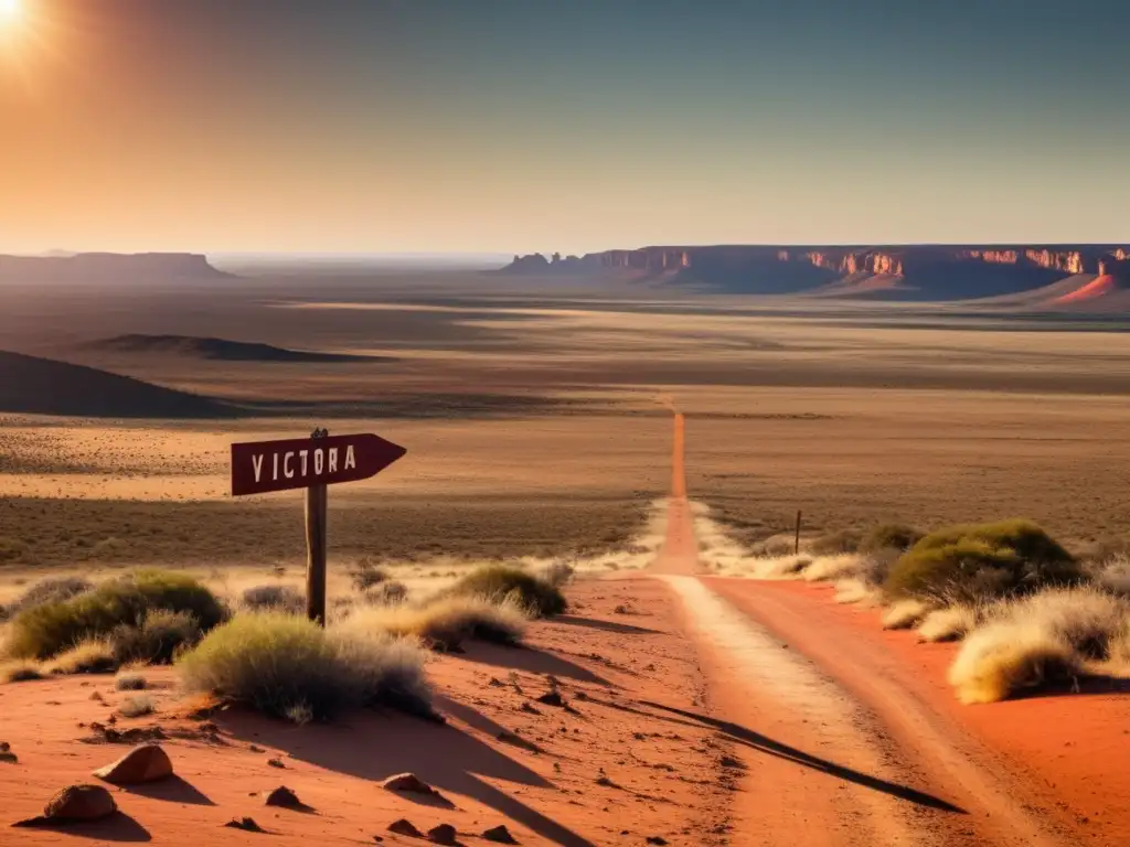 Paisaje desértico rojo de Victoria, Australia, con señal histórica 