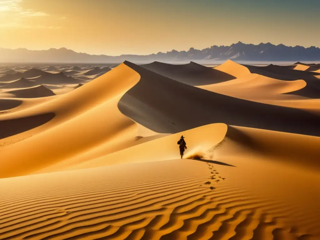 Paisaje desierto con dunas de arena dorada y figura solitaria - encontrar agua en el desierto