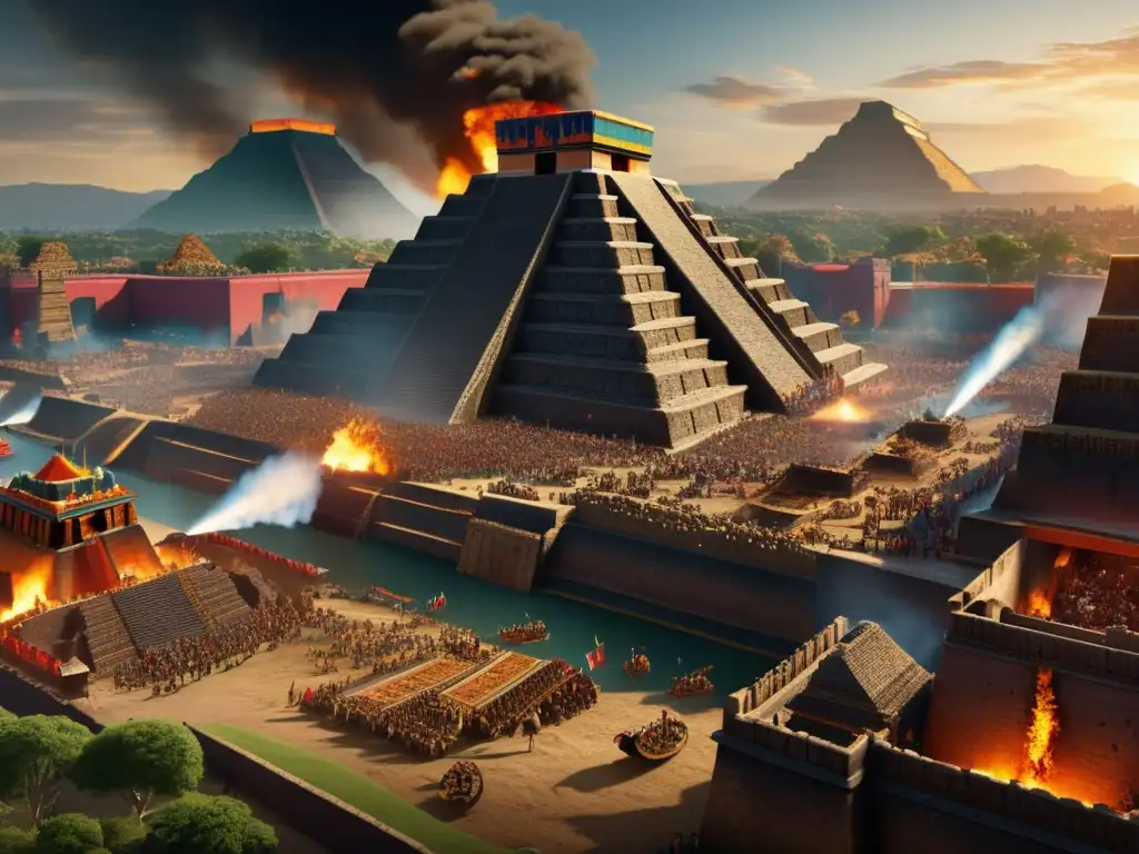 Destrucción de Tenochtitlán: Escena épica de batalla entre aztecas y españoles en la antigua ciudad