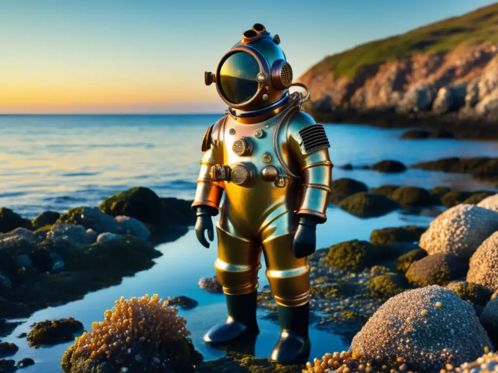 Diving suit vintage en la playa al atardecer, evocando aventura y descubriendo secretos del mar con Robert Ballard