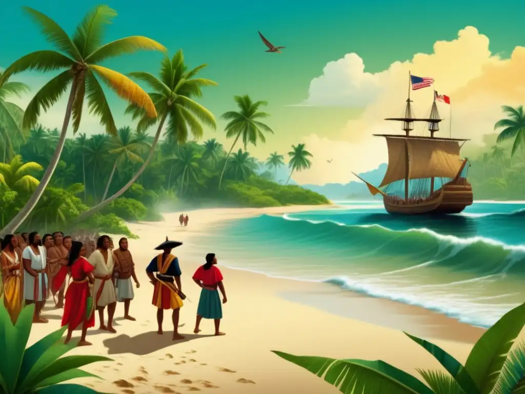 Encuentro entre Columbus y Taíno en isla tropical con palmeras y cultura indígena (110 caracteres)