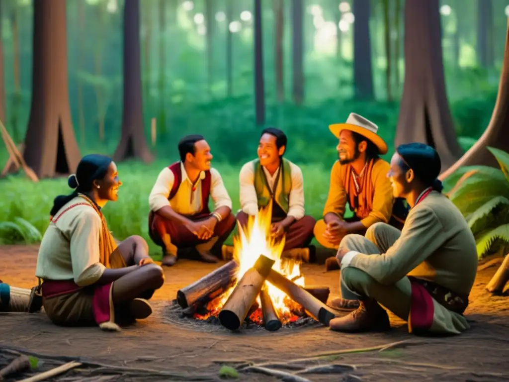 Encuentro de exploradores y culturas indígenas en un bosque, con montañas de fondo