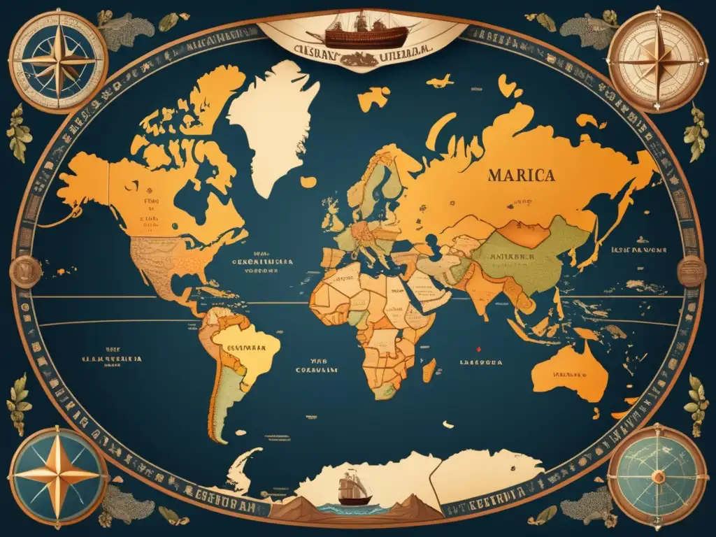 Mapa detallado con leyendas de Cristóbal Colón y su viaje al Nuevo Mundo