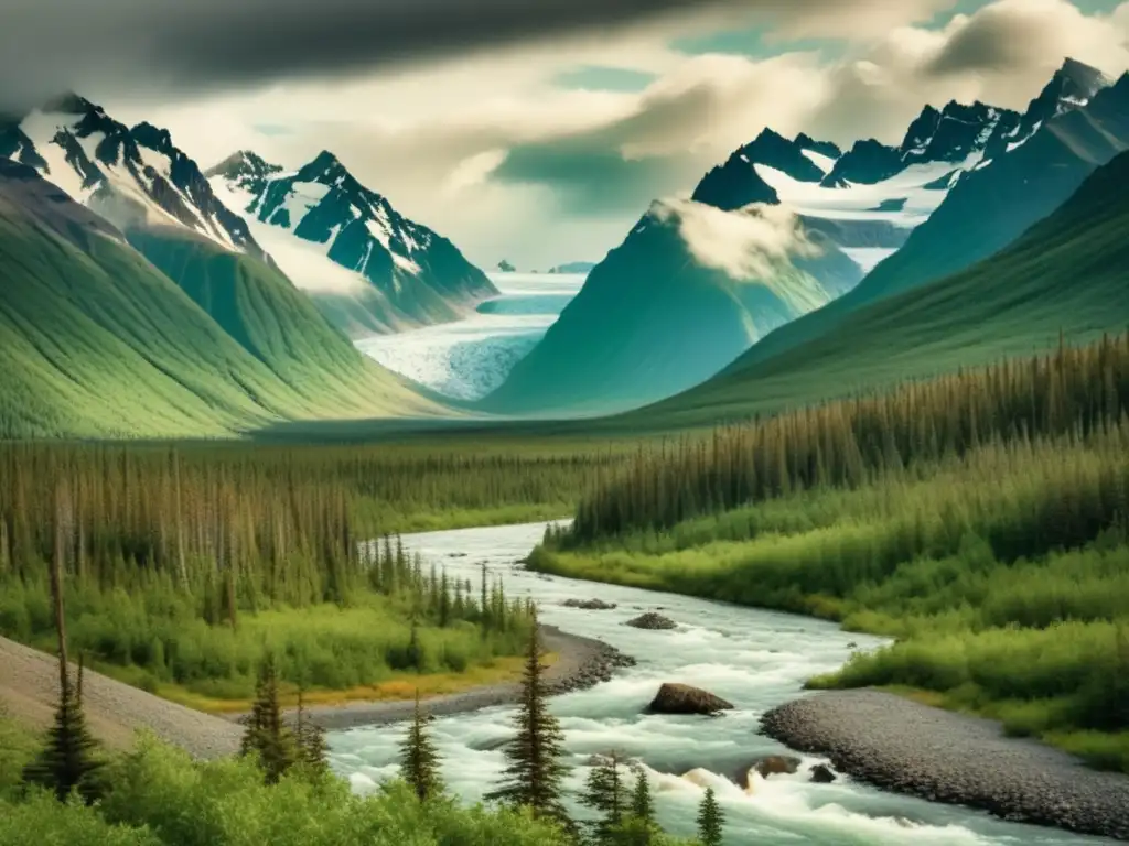 Paisaje de Alaska con montañas nevadas, río y tribus nativas: El Imperio Ruso en Alaska: La aventura de Aleksandr Baranov