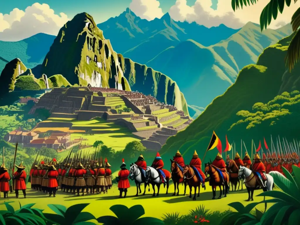 Encuentro de culturas en la conquista de Ecuador: Spanish explorers and Incas face off in a lush, tropical landscape