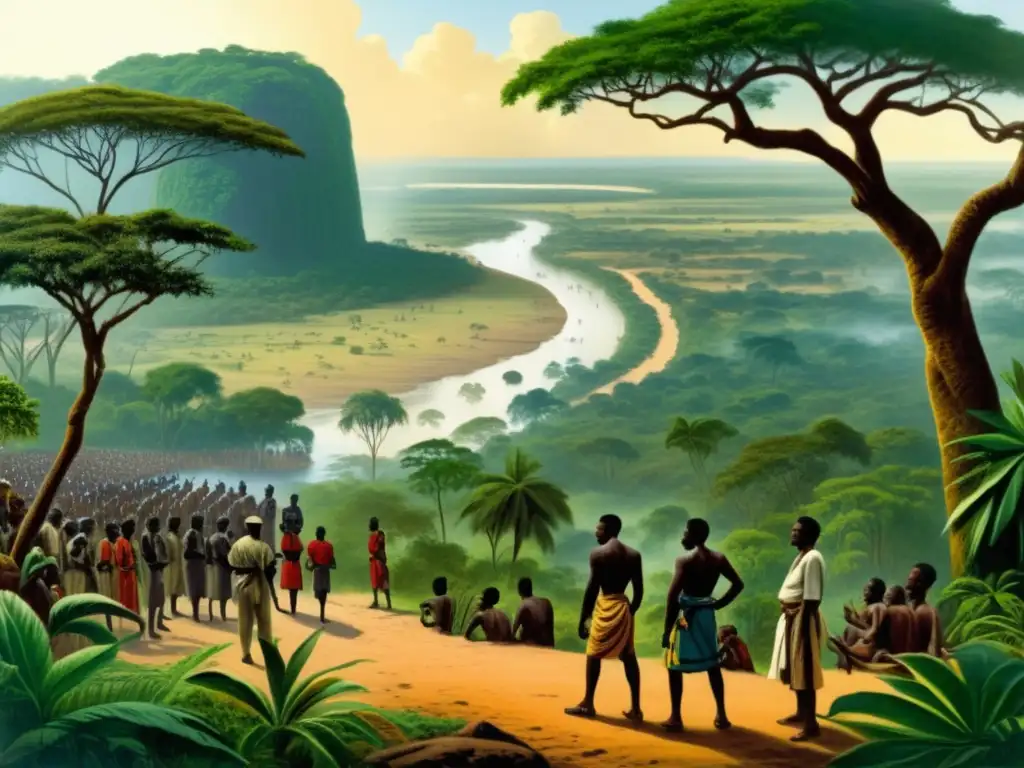 Encuentro histórico entre Stanley, Livingstone y tribus africanas en una selva exuberante