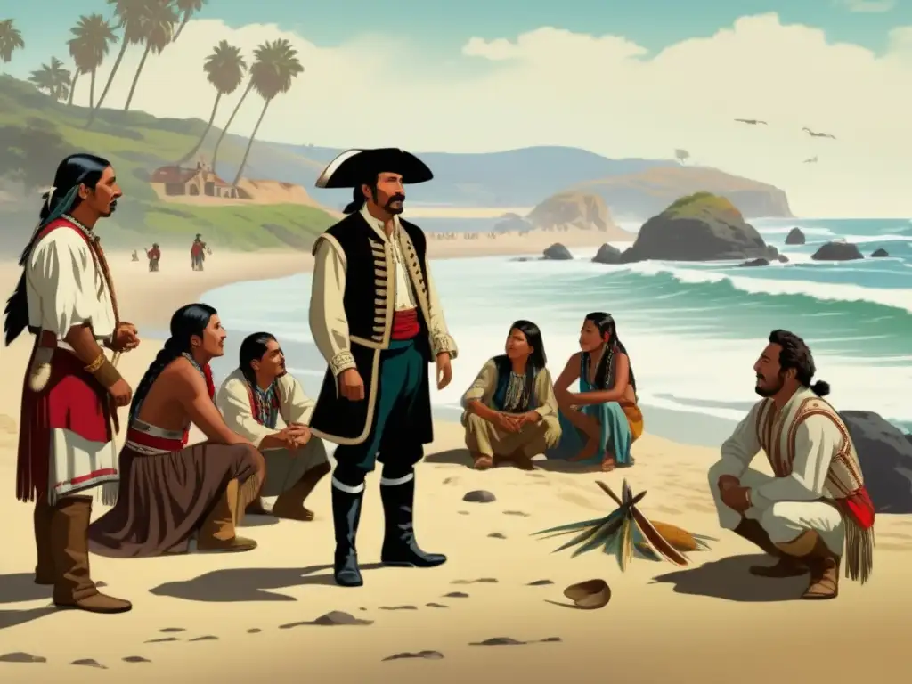 Juan Rodríguez Cabrillo conversando amigablemente con nativos en la costa californiana en una imagen vintage