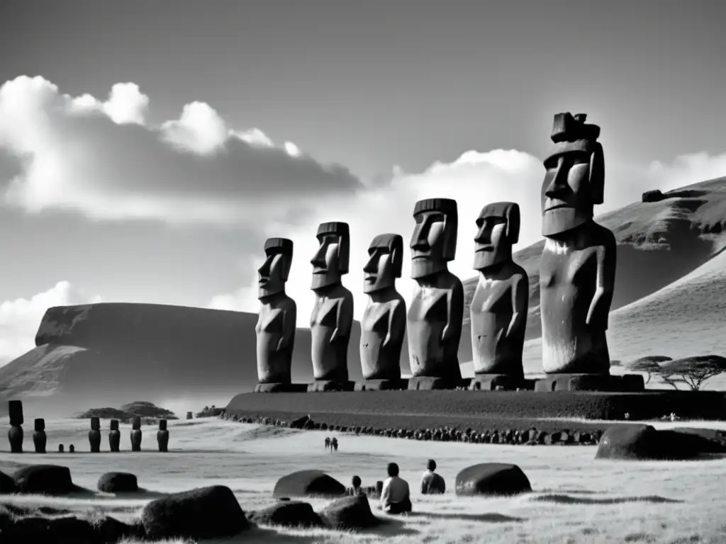 Fotografía en blanco y negro de la misteriosa Isla de Pascua, con una figura moai y locales Rapa Nui