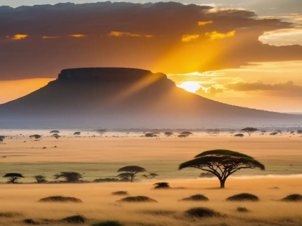 Fascinante atardecer en la sabana africana con un árbol baobab y un guerrero Masai